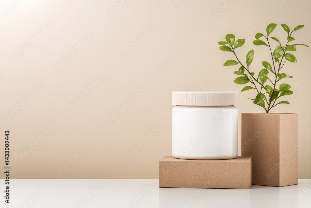 white skincare jar is elegantly placed on two brown blocks, accompanied by small green plant, creating serene and minimalist aesthetic. This composition evokes sense of calm and natural beauty