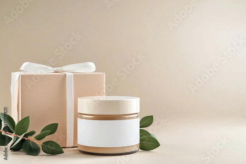 Obraz na płótnie white skincare jar next to gift box, surrounded by green leaves, creates serene and elegant atmosphere perfect for beauty and wellness products w salonie