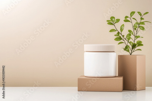 Obraz na płótnie white skincare jar is elegantly placed on two brown blocks, accompanied by small green plant, creating serene and minimalist aesthetic. This composition evokes sense of calm and natural beauty w salonie