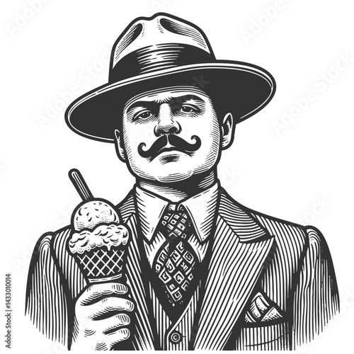 gangster in a suit and hat confidently holding an ice cream cone sketch engraving generative ai fictional character vector illustration. Scratch board imitation. Black and white image.