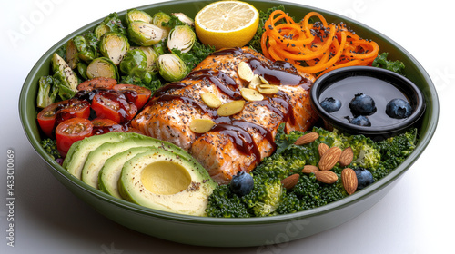 Delicious salmon fillet served with fresh vegetables, including broccoli, Brussels sprouts, and cherry tomatoes, garnished with lemon and nuts, creating vibrant and healthy meal