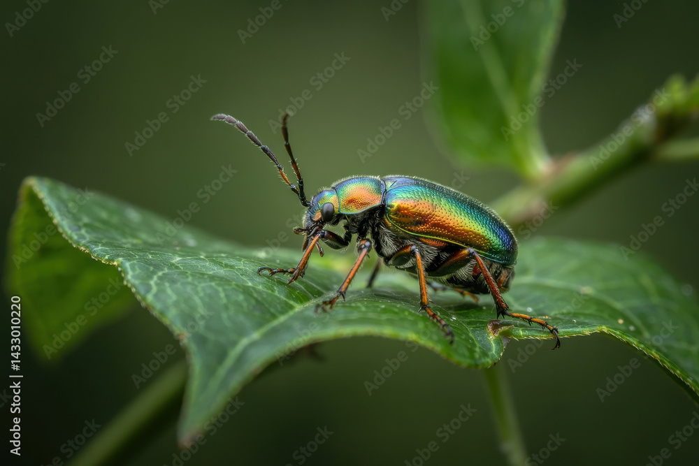 Vibrant Close-Up of Iridescent Green Beetle Resting on Leaf in Natural Setting Vibrant Close-Up of Iridescent Green Beetle Resting on Leaf in Natural Setting