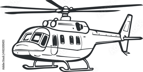 Black and white line drawing of a helicopter aircraft with rotor blades and cockpit for aviation transport