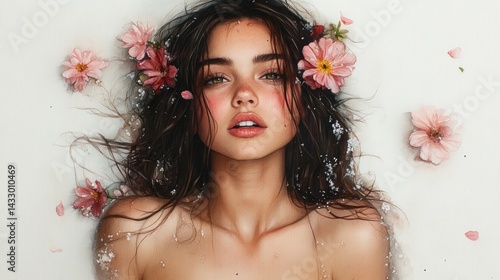 21. Watercolor painting of a young woman with flowers in her hair on an absolutely white background.