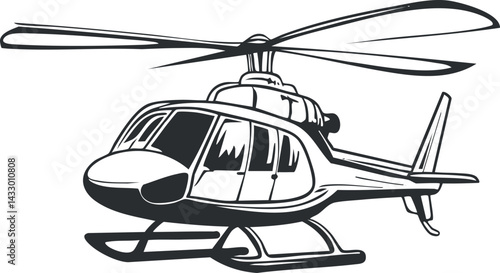 Black and white illustration of a helicopter with rotor blades and windows, symbolizing aviation and air transport.