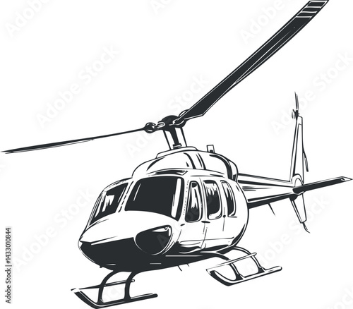 Black and white illustration of a helicopter with detailed rotor blades and cockpit isolated on white background