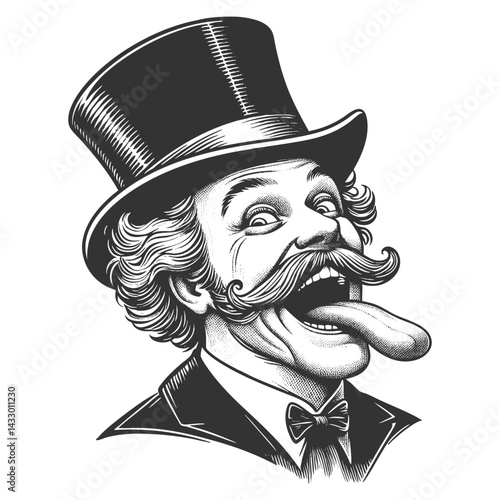 Silly stupid facial expression gentleman with curled mustache and top hat sticking out his tongue sketch engraving generative ai vector illustration. Scratch board imitation. Black and white image.