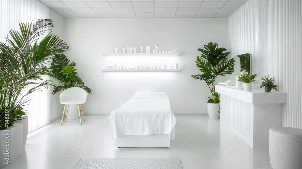 serene and modern spa interior featuring treatment bed, white decor, and lush green plants. minimalist design creates calming atmosphere, perfect for relaxation and rejuvenation