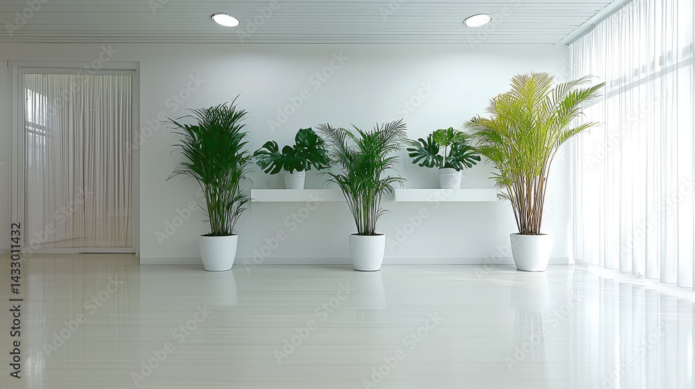 Modern interior design features indoor plants in white pots, enhancing serene atmosphere of space. bright, minimalist decor creates refreshing and inviting environment