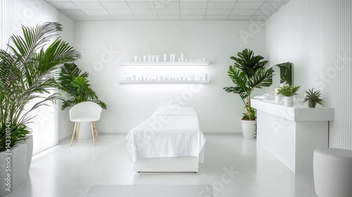 Obraz na płótnie serene and modern spa interior featuring treatment bed, white decor, and lush green plants. minimalist design creates calming atmosphere, perfect for relaxation and rejuvenation w salonie