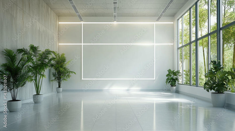 bright and modern interior space featuring large windows, natural light, and decorative plants pots. minimalist design emphasizes clean lines and serene atmosphere, perfect for relaxation