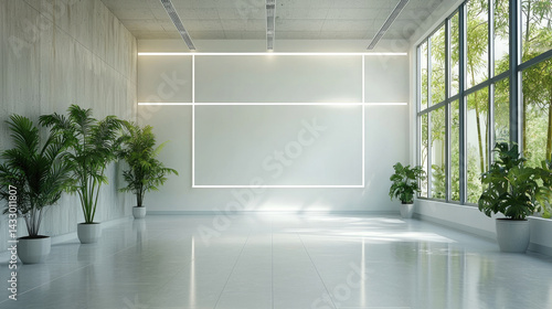 Obraz na płótnie bright and modern interior space featuring large windows, natural light, and decorative plants pots. minimalist design emphasizes clean lines and serene atmosphere, perfect for relaxation w salonie
