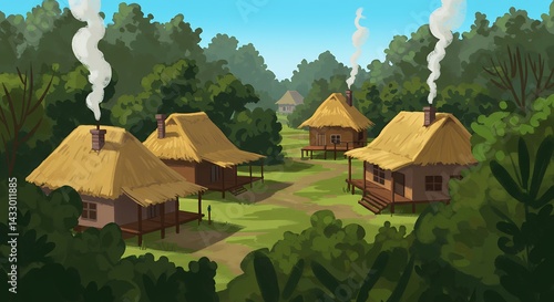 Rural village homes in forest illustration