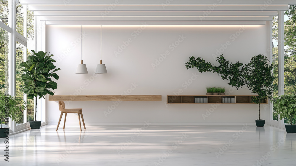 modern home office featuring minimalist design with wooden desk, chair, and lush green plants. bright space is enhanced by natural light streaming through large windows, creating serene atmosphere