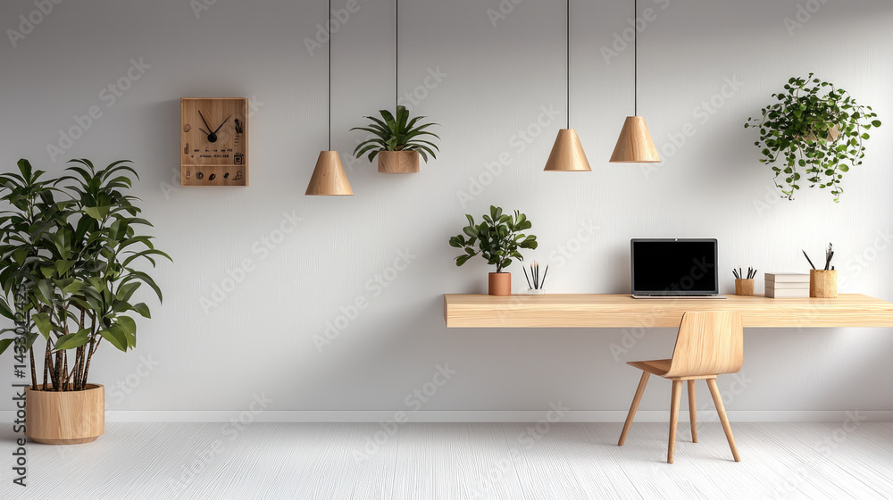 modern home office featuring wooden desk, laptop, and stylish hanging light fixtures. space is adorned with various plants, creating fresh and inviting atmosphere