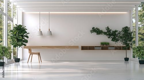 Obraz na płótnie modern home office featuring minimalist design with wooden desk, chair, and lush green plants. bright space is enhanced by natural light streaming through large windows, creating serene atmosphere w salonie