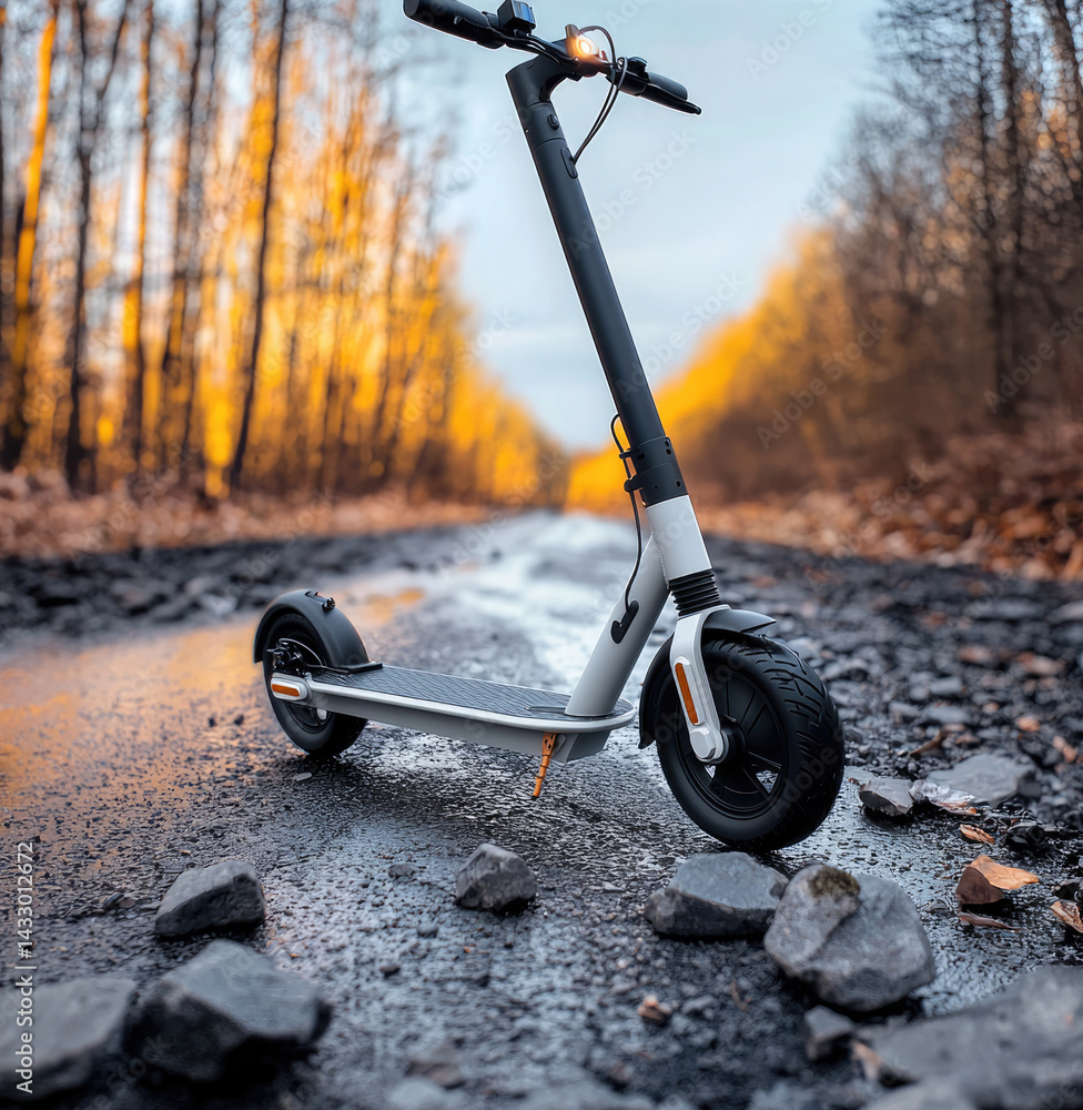 sleek electric scooter stands on gravel path surrounded by autumn trees, showcasing its modern design and sturdy tires. warm glow of sunset enhances scene, creating sense of adventure and freedom