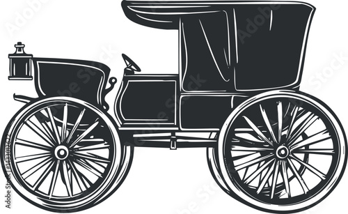 Black and white illustration of a vintage horse-drawn carriage with large wheels and a covered passenger area