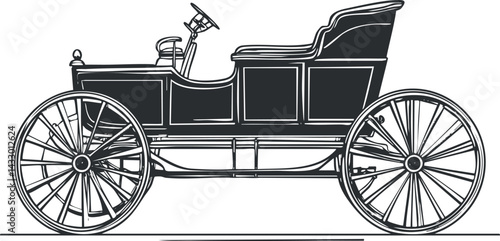 Black and white vintage horse-drawn carriage illustration with large spoked wheels and open seating