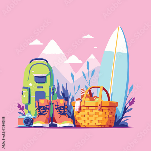 travel equipment - basket, bag, surfboard, shoes