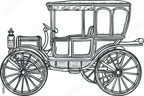 Black and white line art illustration of a vintage horse-drawn carriage with ornate details and large spoked wheels