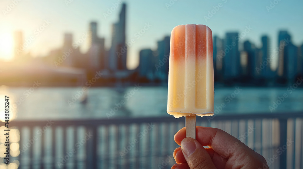 colorful popsicle is held hand against backdrop of city skyline during sunset, evoking sense of summer joy and relaxation. vibrant colors of popsicle contrast beautifully with serene water