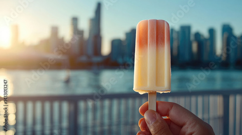 Obraz na płótnie colorful popsicle is held hand against backdrop of city skyline during sunset, evoking sense of summer joy and relaxation. vibrant colors of popsicle contrast beautifully with serene water w salonie