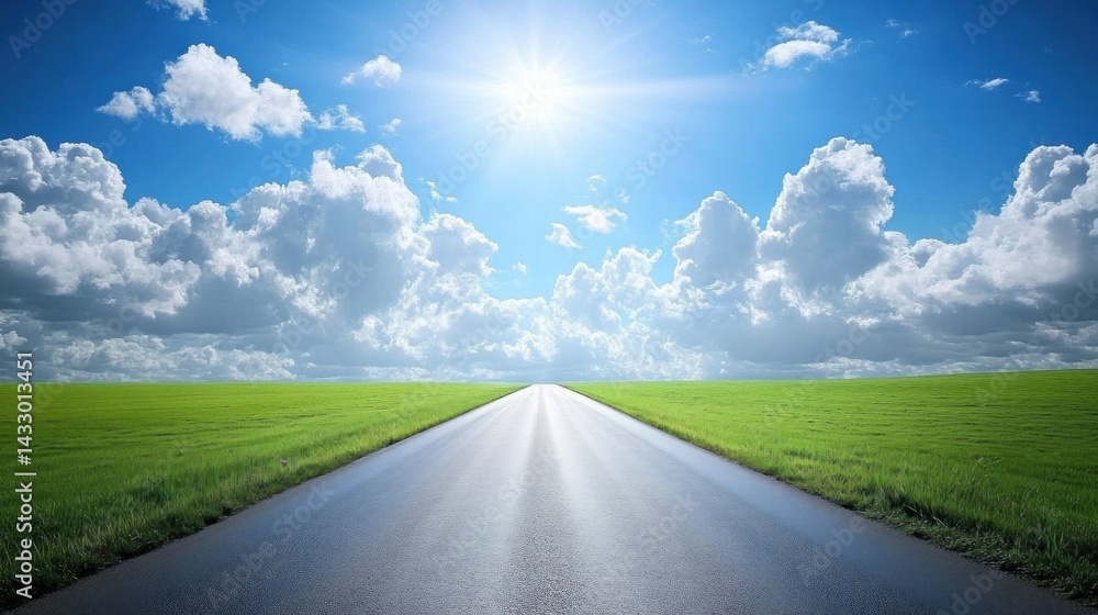 Fototapeta premium Open road stretching into a bright, sunny sky. Lush green fields flank the asphalt pathway