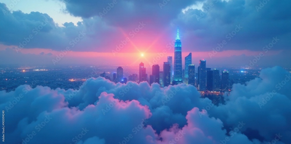 Fototapeta premium Soft blue mist swirling around a futuristic cityscape at dusk, abstract, urban, clouds