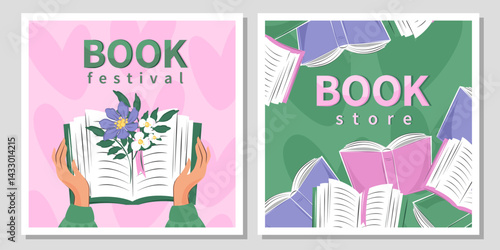 Design banners for Book festival, bookstore or market, library, shop. Vector illustration for poster, cover, sale, marketing.