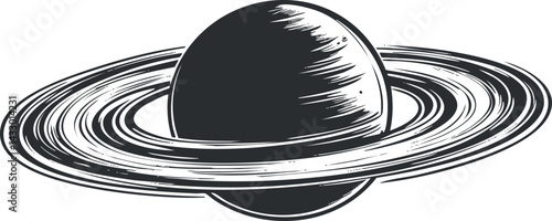 Black and white illustration of a ringed planet resembling Saturn with detailed planetary rings and shading.