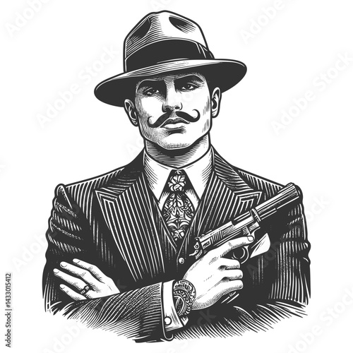 vintage gangster wearing a suit and hat, holding a smoking gun sketch engraving generative ai fictional character vector illustration. Scratch board imitation. Black and white image.