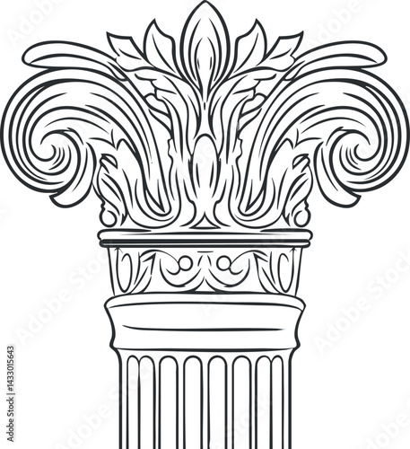 Black and white line art of a classical Corinthian column capital with ornate floral decoration.