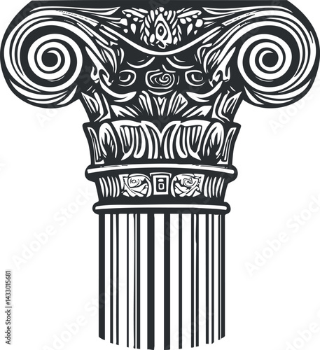 Black and white illustration of an ornate Ionic column capital with spiral volutes and detailed carvings