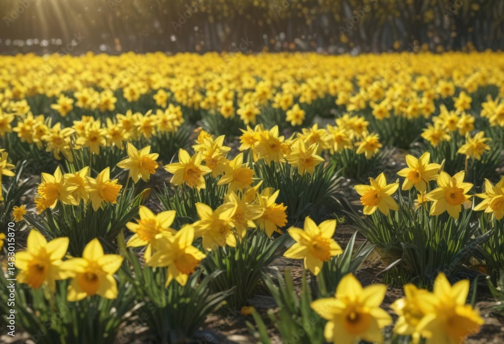 Fototapeta premium Sunlit field of vibrant yellow daffodils, petals glistening , daffodils, daffodil field