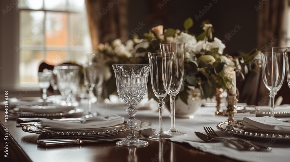 NATIONAL ETIQUETTE WEEK. A sophisticated dinner setting with perfect place settings, polished silverware, crystal glasses, and fresh flowers. NATIONAL ETIQUETTE WEEK. A sophisticated dinner setting with perfect place settings, polished silverware, crystal glasses, and fresh flowers.
