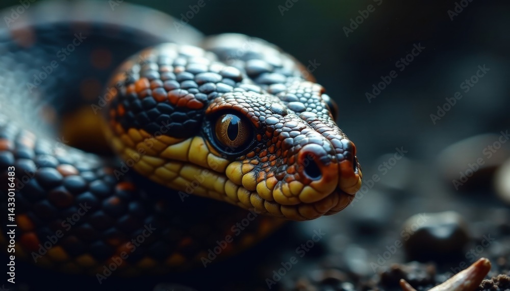 Snake's head with piercing gaze through narrow slit eyes, animal, blue viper Snake's head with piercing gaze through narrow slit eyes, animal, blue viper