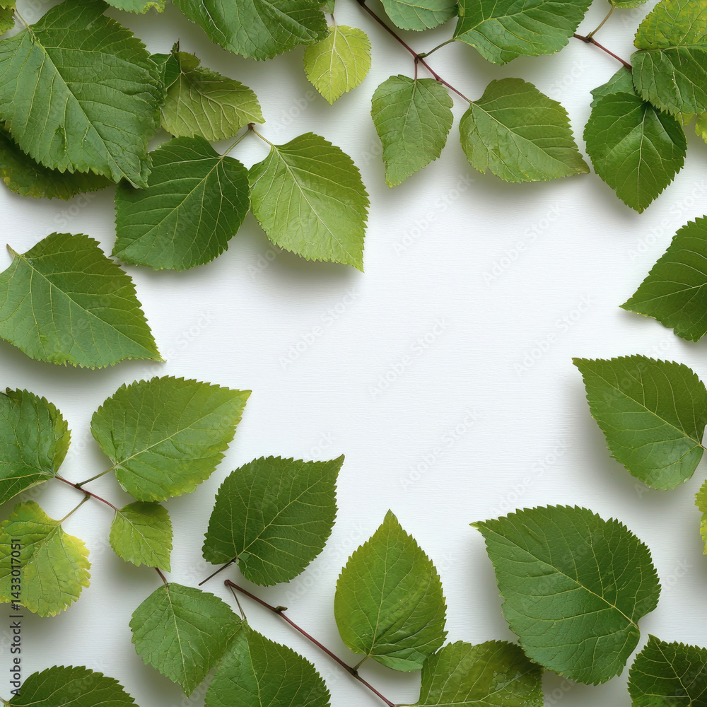 Fresh green leaves create vibrant and natural frame, showcasing various shades of green and textures. This arrangement evokes sense of tranquility and connection to nature