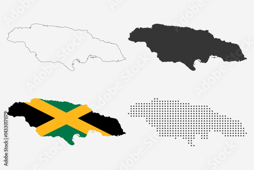 Jamaica map in outline, grey, flag color, and dotted style