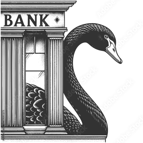 giant black swan next to a classical bank building, symbolizing rare and catastrophic financial events sketch engraving generative ai vector illustration. Scratch board imitation. Black and white.