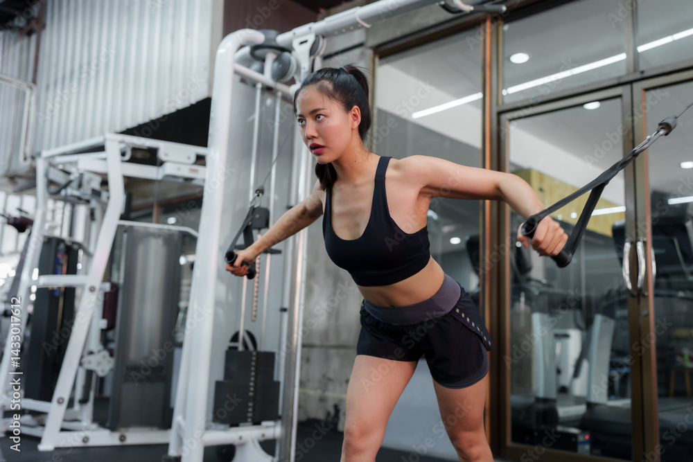 Fototapeta premium Young asian sportswoman is exercising her chest and shoulders using cable crossover machine, focusing on building muscle strength and maintaining fitness in modern gym environment