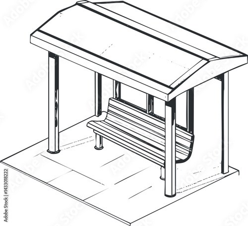 Black and white line drawing of a bus shelter with bench and roof structure for public transport waiting area