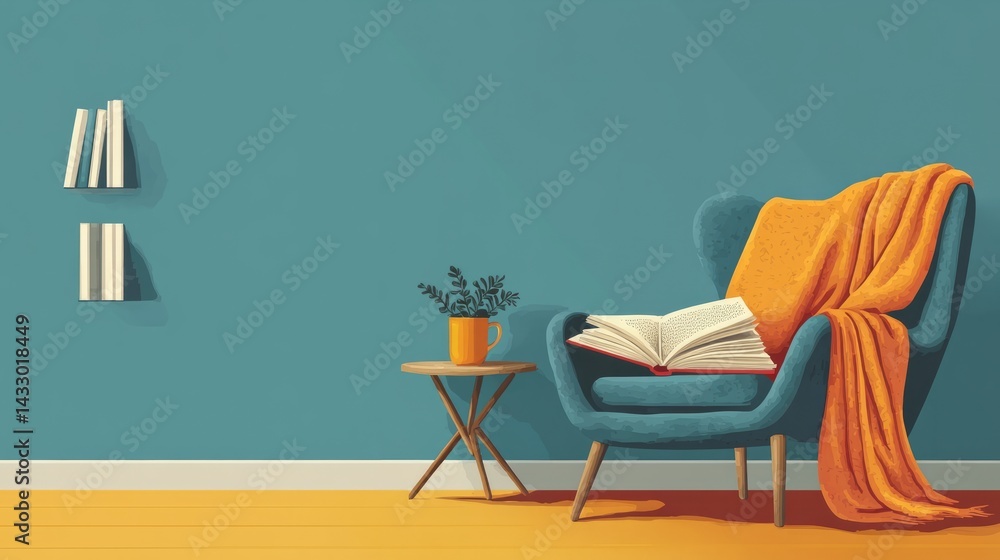 Fototapeta premium Flat design of a cozy reading nook with a chair, book, and coffee mug