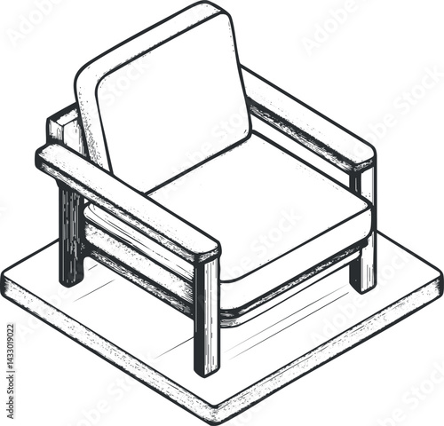 Hand-drawn sketch of a modern wooden armchair with cushioned seat and backrest on a square platform