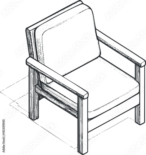 Sketch illustration of a wooden armchair with cushion and armrests in black and white line art style