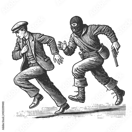 armed masked criminal chasing a frightened man in a classic suit and cap sketch engraving generative ai fictional character vector illustration. Scratch board imitation. Black and white image.
