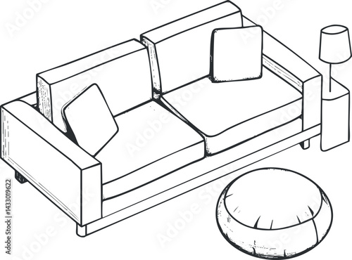 Black and white line drawing of a modern two-seater sofa with cushions, a floor lamp, and an ottoman in a living room setting.