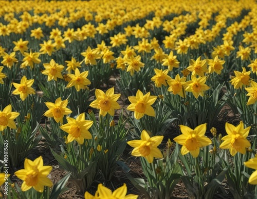 Sunlit field of vibrant yellow daffodils in full bloom, petals glistening ,  bloom,  plant,  wildflower