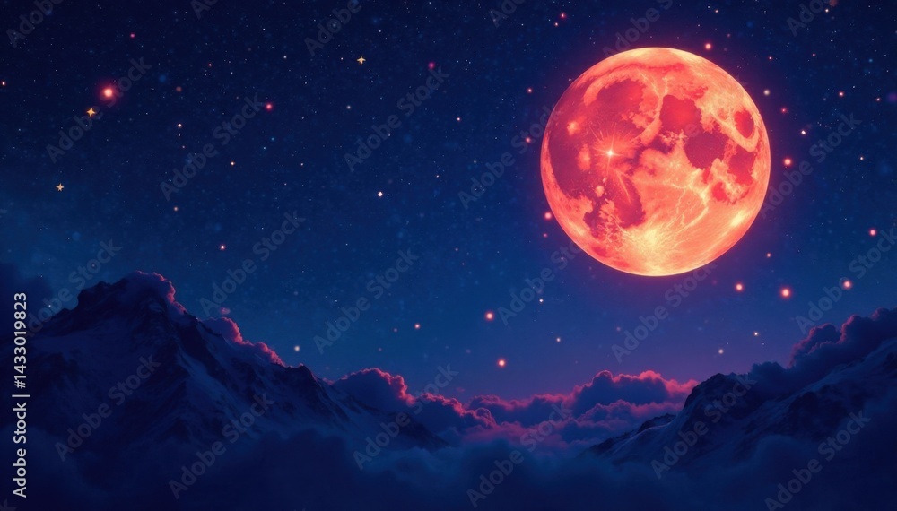 Fototapeta premium Dark canvas filled with twinkling celestial bodies against a vibrant full moon, astronomy, celestial