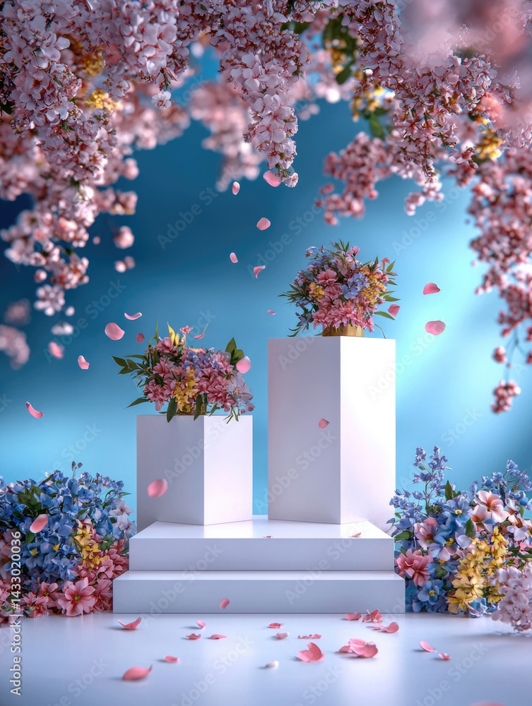 serene display featuring three white platforms adorned with vibrant floral arrangements, surrounded by delicate pink petals and blossoms, creating tranquil and enchanting atmosphere